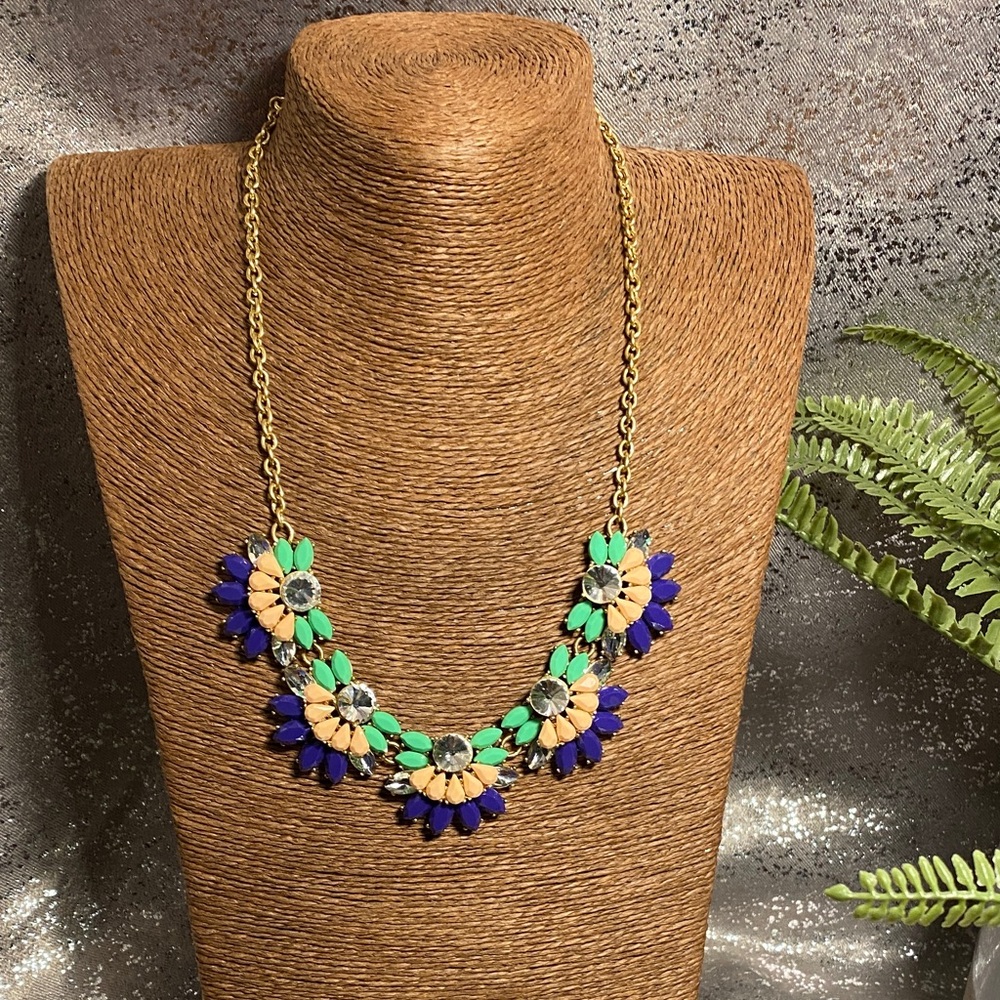 Floral Statement Necklace in Green, Blue, and Gold